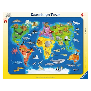 Weltkarte mit Tieren, Puzzle 30 Teile