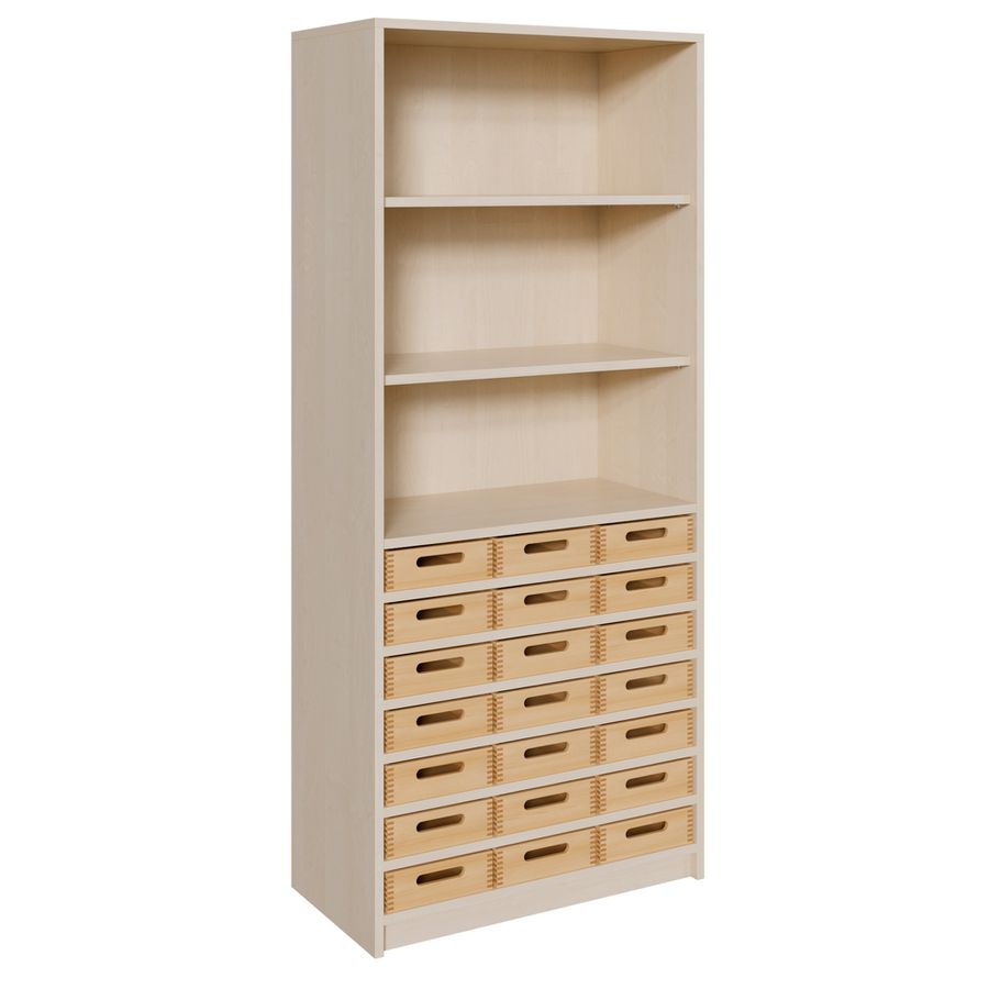 Schrank mit 21 flachen Massivholzkästen, oben Regal mit 2 Einlegeböden, B 78 x H 180 x T 40 cm