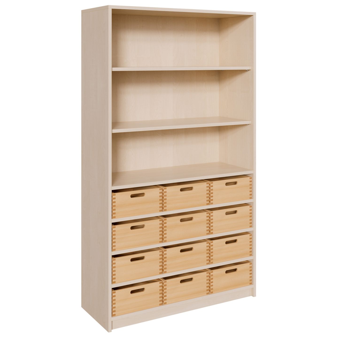 Schrank mit 12 hohen Massivholzkästen, oben Regal mit 2 Einlegeböden, B 102 x H 180 x T 40 cm