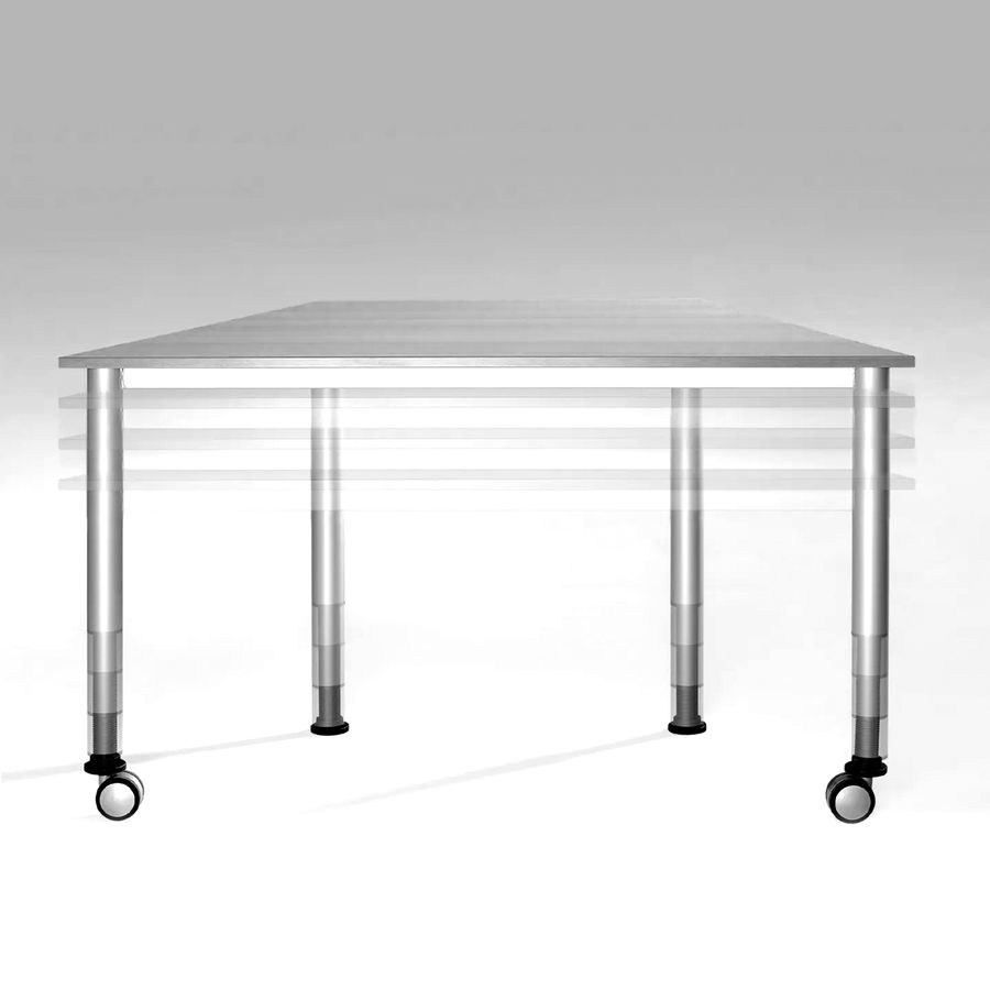 Trapez-Tisch höhenverstellbar, B 140 x H 58-76 x S 70/70/70 cm, Melaminharz Belag, fahrbar mit 2 Rollen