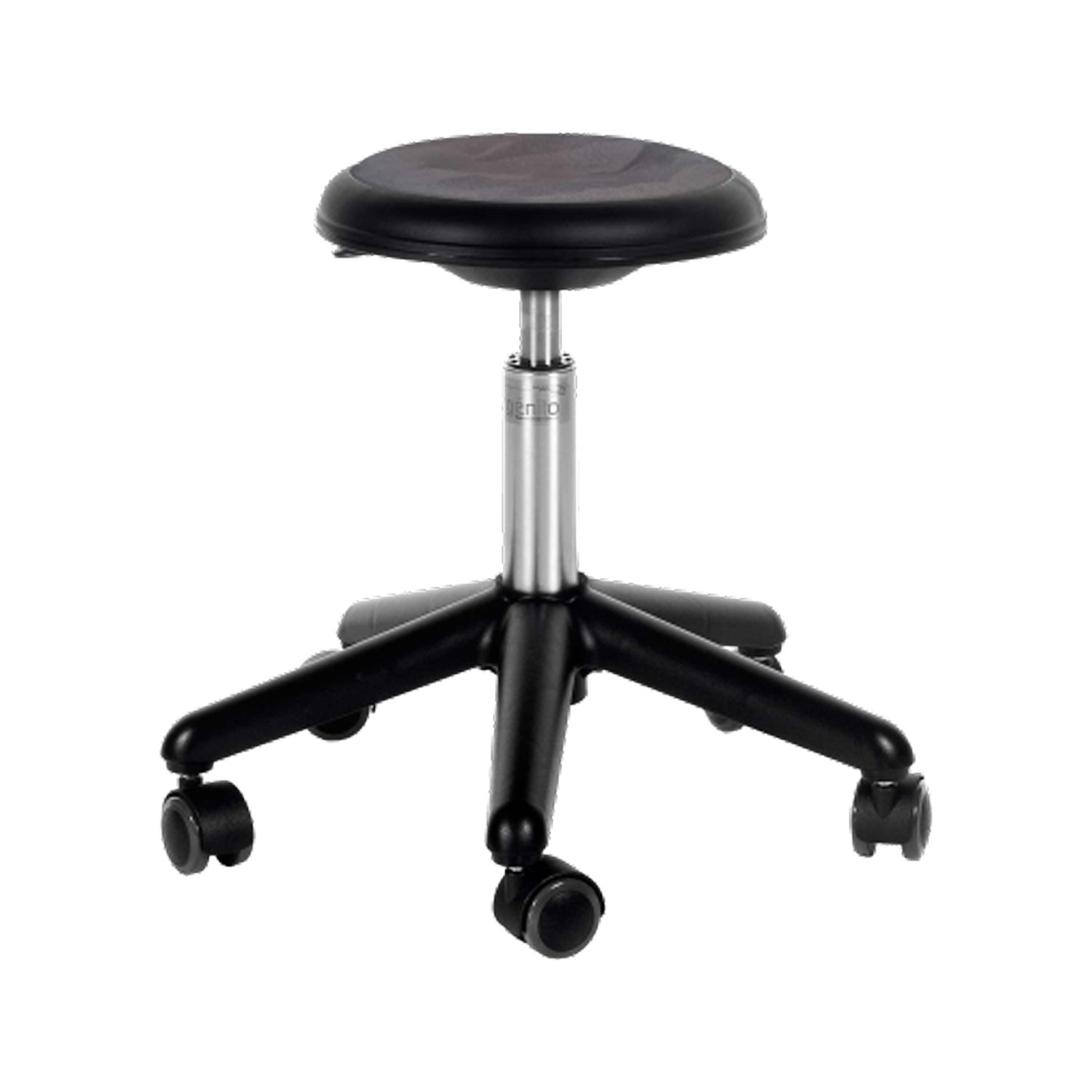 Genito Hocker auf Rollen mit Gaslift,
Kunstleder schwarz, höhenverstellbar von 30-38
Rollen Ø 60mm mit weicher Lauffläche