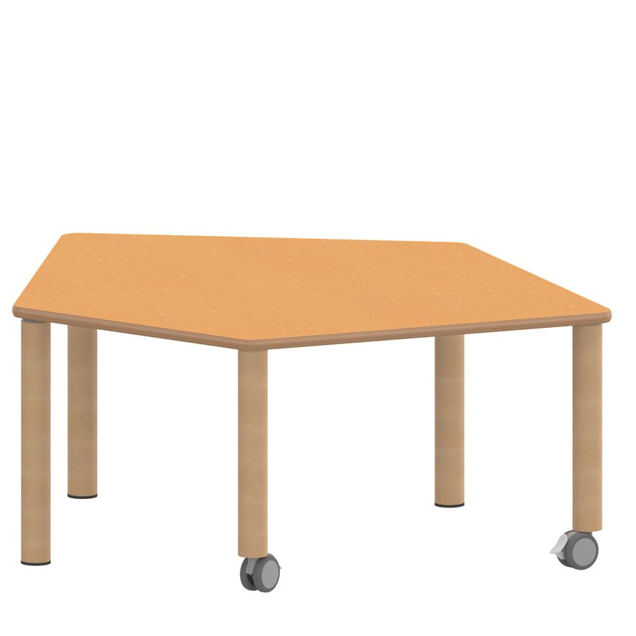 Fünfeck-Tisch Zalotti, B 121 x T 110 cm, mit Linoleumbelag, Holz-Rundbeine mit 2 Rollen + 3 Gleiter