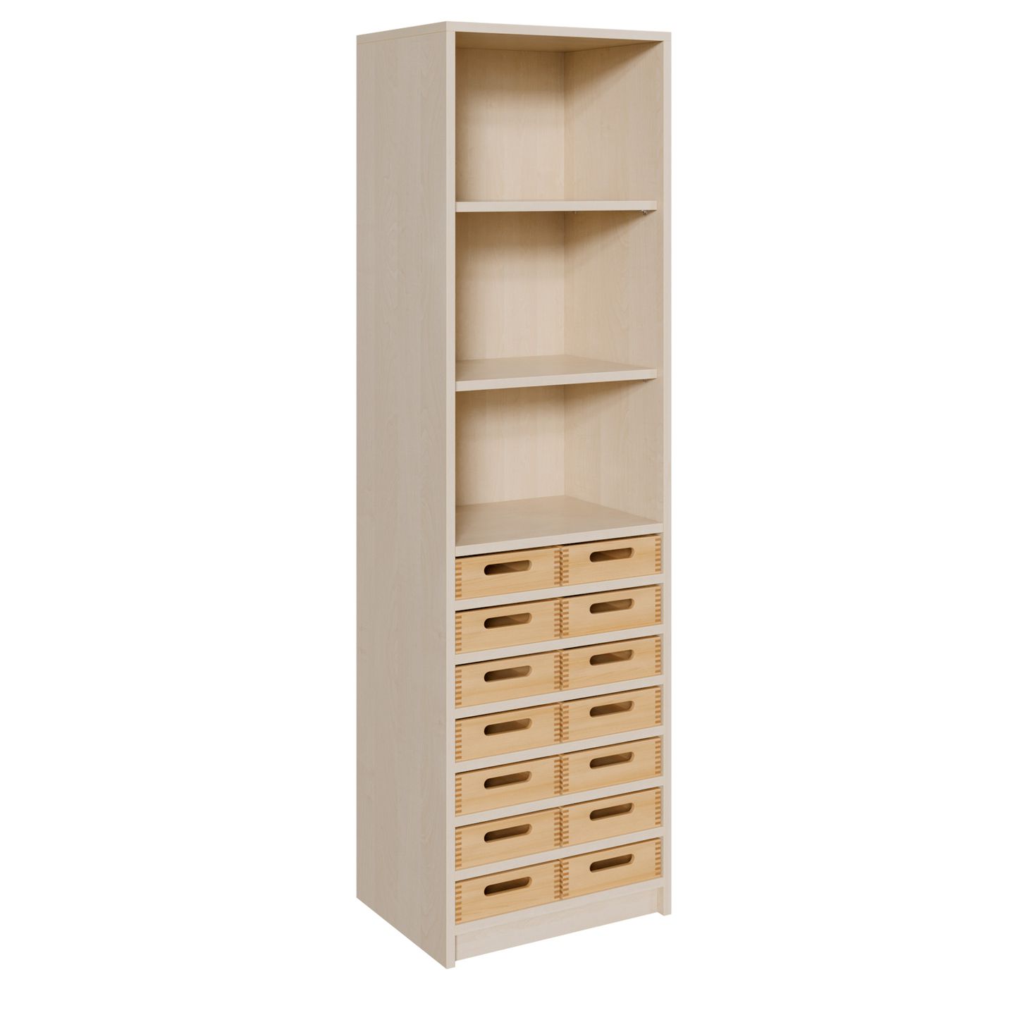 Schrank mit 14 flachen Massivholzkästen, oben Regal mit 2 Einlegeböden, B 52 x H 180 x T 40 cm