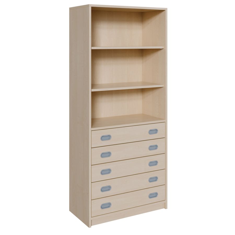 Schrank mit 5 Schubladen, oben Regal mit 2 Einlegeböden, B 78 x H 180 x T 40 cm