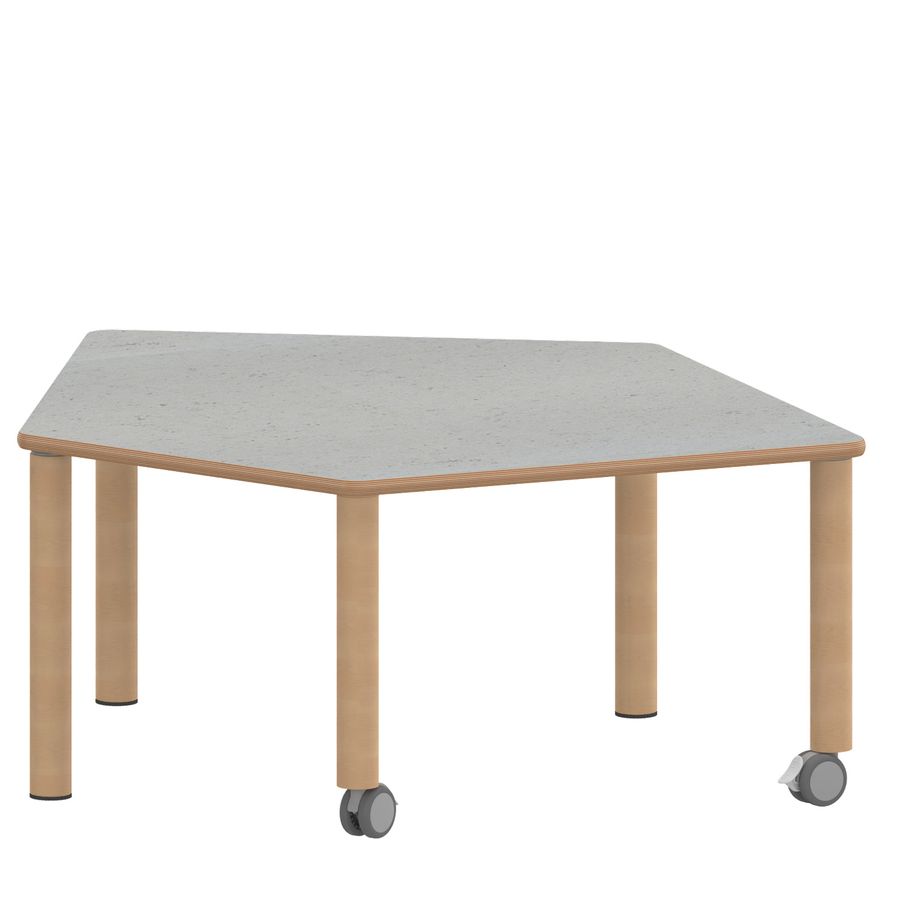 Fünfeck-Tisch Zalotti, B 121 x T 110 cm, mit Linoleumbelag, Holz-Rundbeine mit 2 Rollen + 3 Gleiter