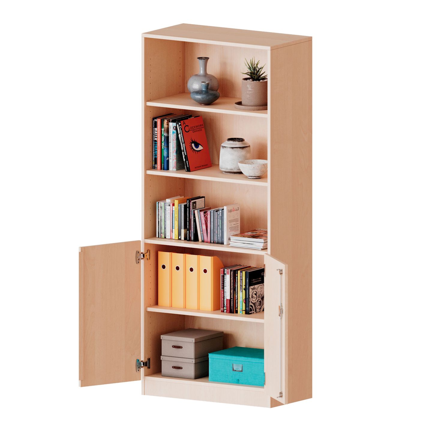 Schrank mit Doppeltüren unten und oben offenes Regal, B 100 x H 190 x T 40 cm
