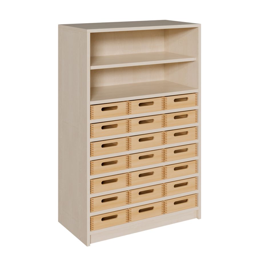 Schrank mit 21 flachen Massivholzkästen, oben Regal mit 1 Einlegeboden, B 78 x H 120 x T 40 cm