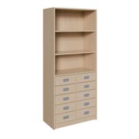 Schrank mit 10 Schubladen, oben Regal mit 2 Einlegeböden, B 78 x H 180 x T 40 cm