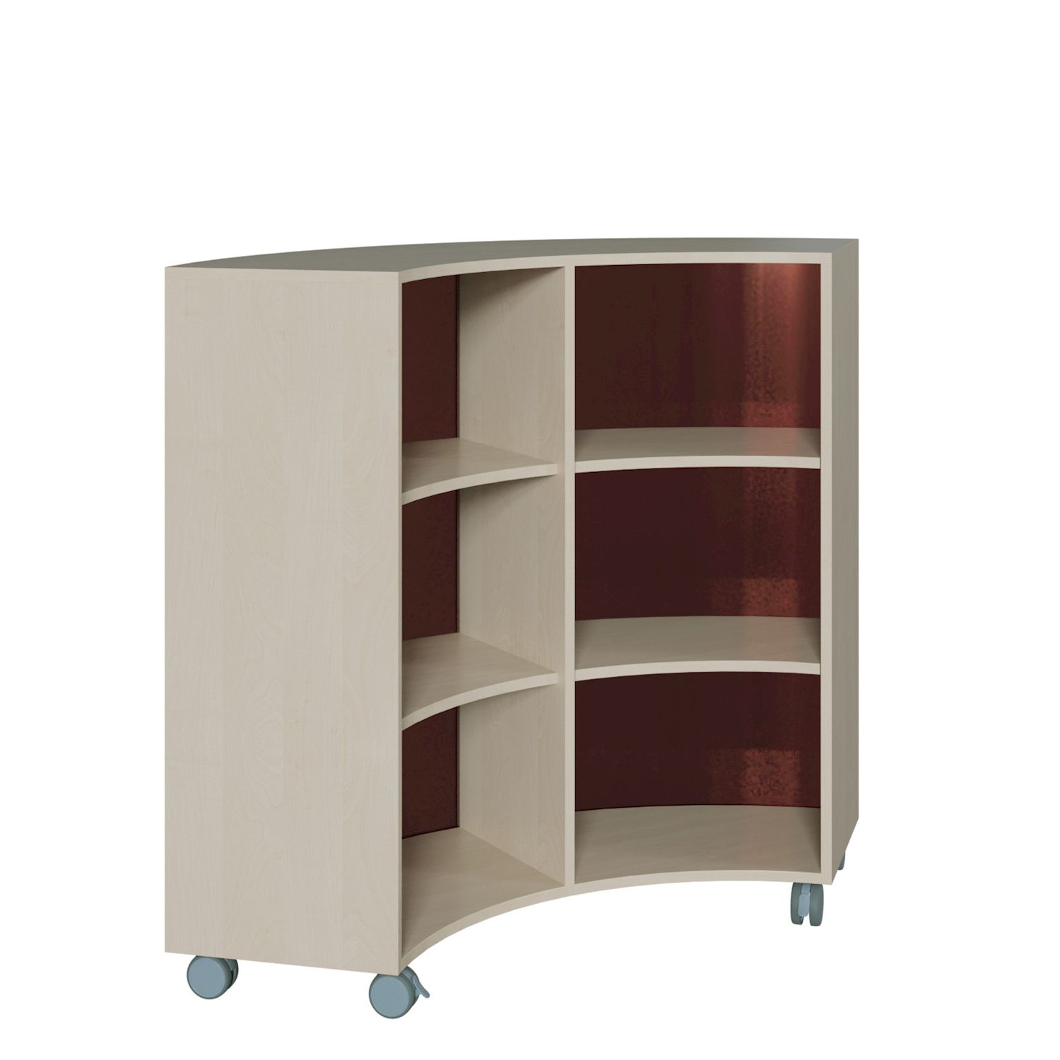 Viertelkreisschrank auf Rollen mit Plexiglasrückwand, B 140 x H 122,5 x T 57 cm
