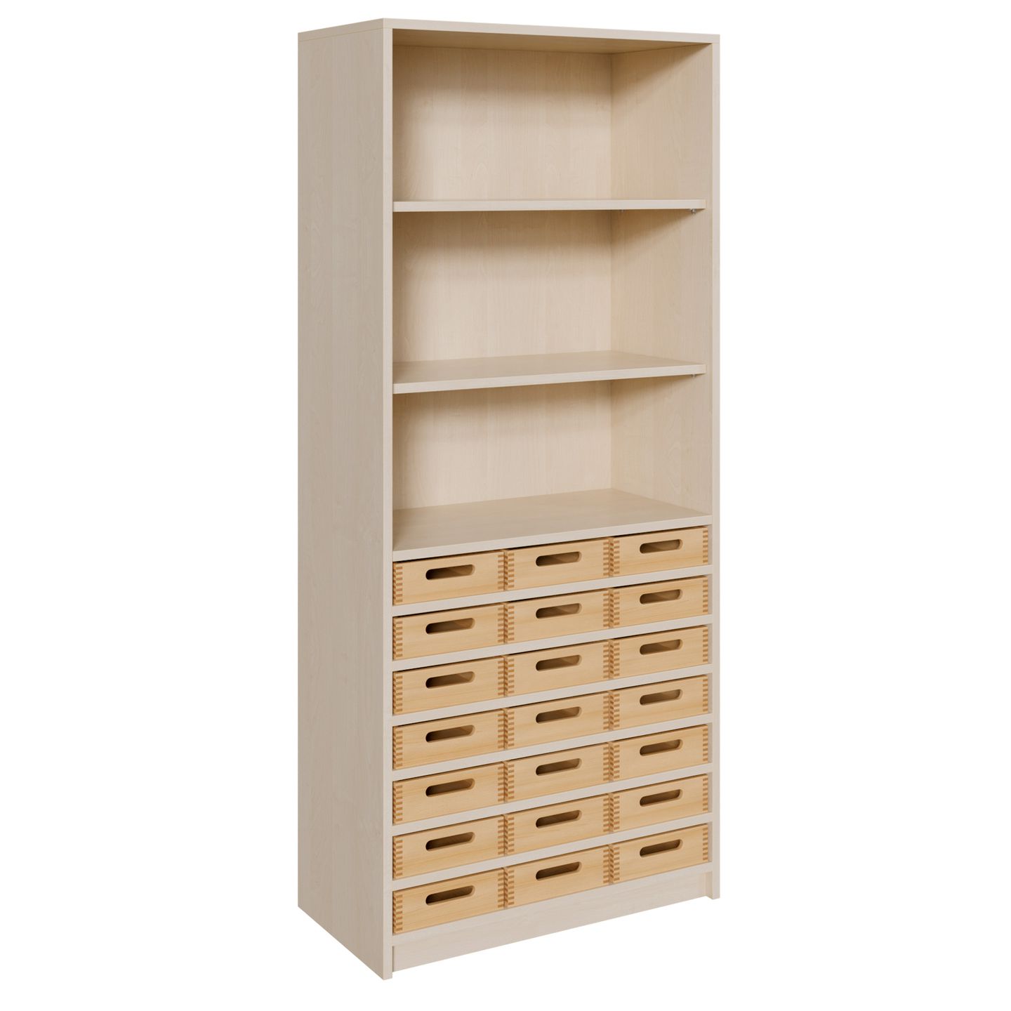 Schrank mit 21 flachen Massivholzkästen, oben Regal mit 2 Einlegeböden, B 78 x H 180 x T 40 cm