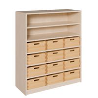 Schrank mit 12 hohen Massivholzkästen, oben Regal mit 1 Einlegeboden, B 102 x H 120 x T 40 cm