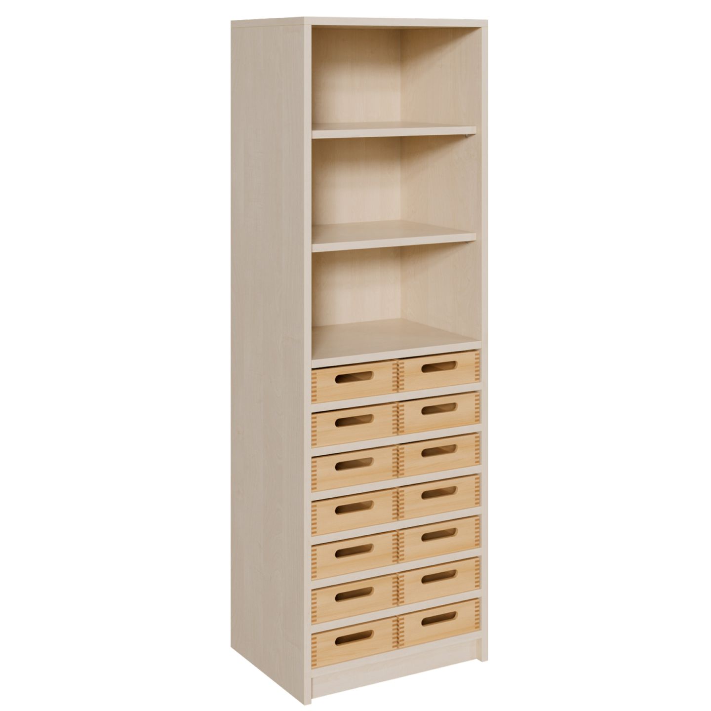 Schrank mit 14 flachen Massivholzkästen, oben Regal mit 2 Einlegeböden, B 52 x H 160 x T 40 cm