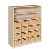 460.002.217K - Schrank mit 16 hohen Massivholzkästen, oben Regal mit 1 Einlegeboden, B 102 x H 120 x T 40 cm