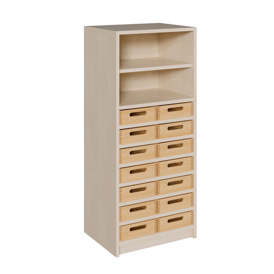 Schrank mit 14 flachen Massivholzkästen, oben Regal mit 1 Einlegeboden, B 52 x H 120 x T 40 cm