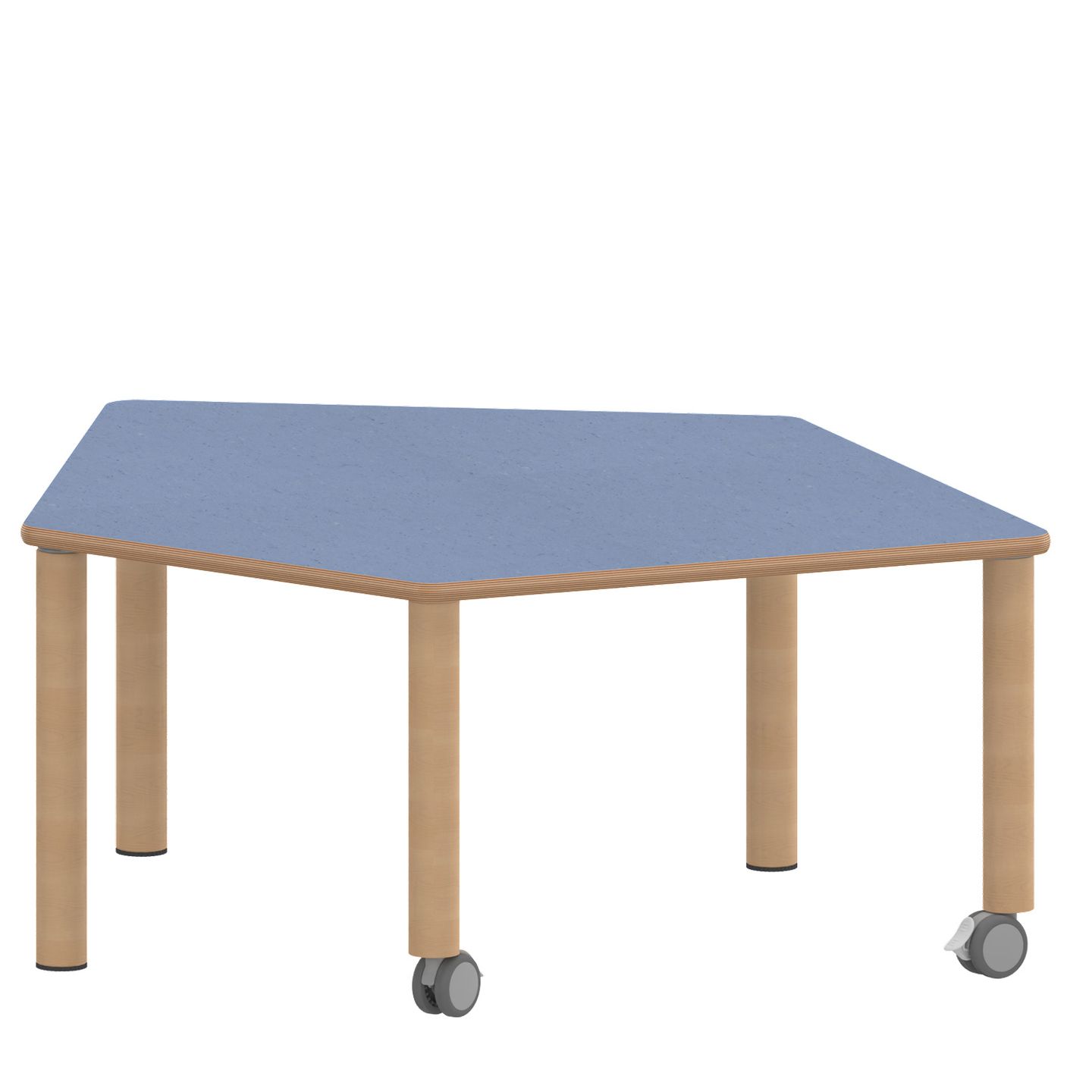 Fünfeck-Tisch Zalotti, B 121 x T 110 cm, mit Linoleumbelag, Holz-Rundbeine mit 2 Rollen + 3 Gleiter