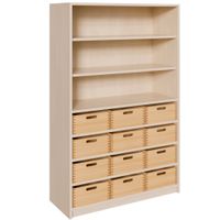Schrank mit 12 hohen Massivholzkästen, oben Regal mit 2 Einlegeböden, B 102 x H 160 x T 40 cm