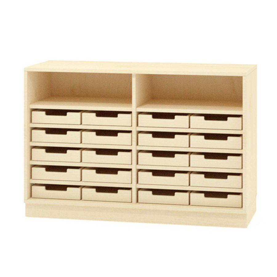Schrank mit 20 Materialkästen mit Sockel, B 120 x H 80 x T 40 cm, Furnier