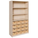 460.002.221K - Schrank mit 16 hohen Massivholzkästen, oben Regal mit 2 Einlegeböden, B 102 x H 180 x T 40 cm
