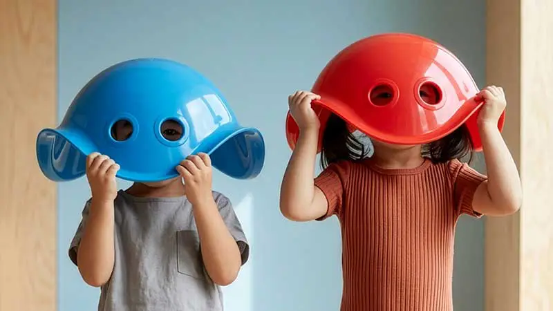 Zwei Kinder mit Bilibo Schale über dem Kopf