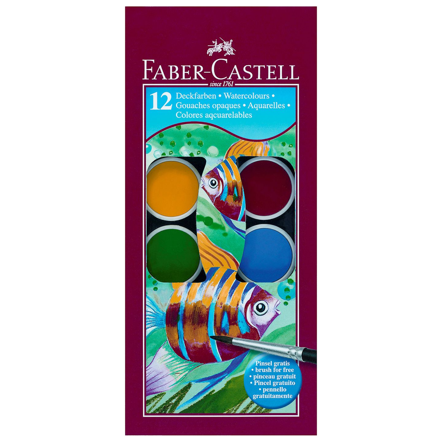 Deckfarbkasten, 12 Farben mit Pinsel