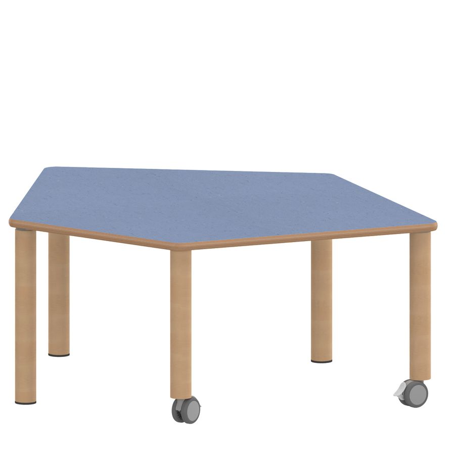 Fünfeck-Tisch Zalotti, B 121 x T 110 cm, mit Linoleumbelag, Holz-Rundbeine mit 2 Rollen + 3 Gleiter