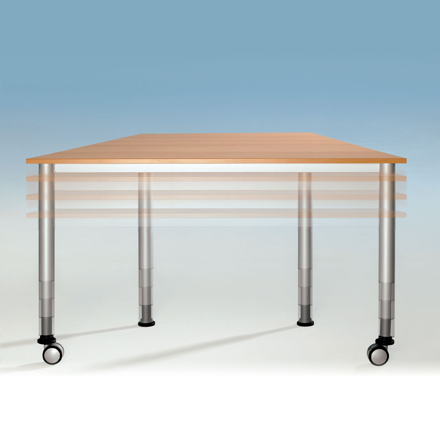 Trapez-Tisch höhenverstellbar, B140 x H58-76 x S70/70/70 cm, Melaminharz Belag, fahrbar