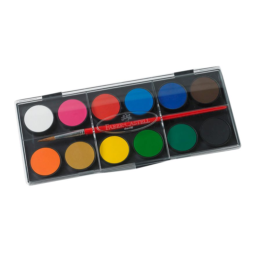 Deckfarbkasten, 12 Farben mit Pinsel
