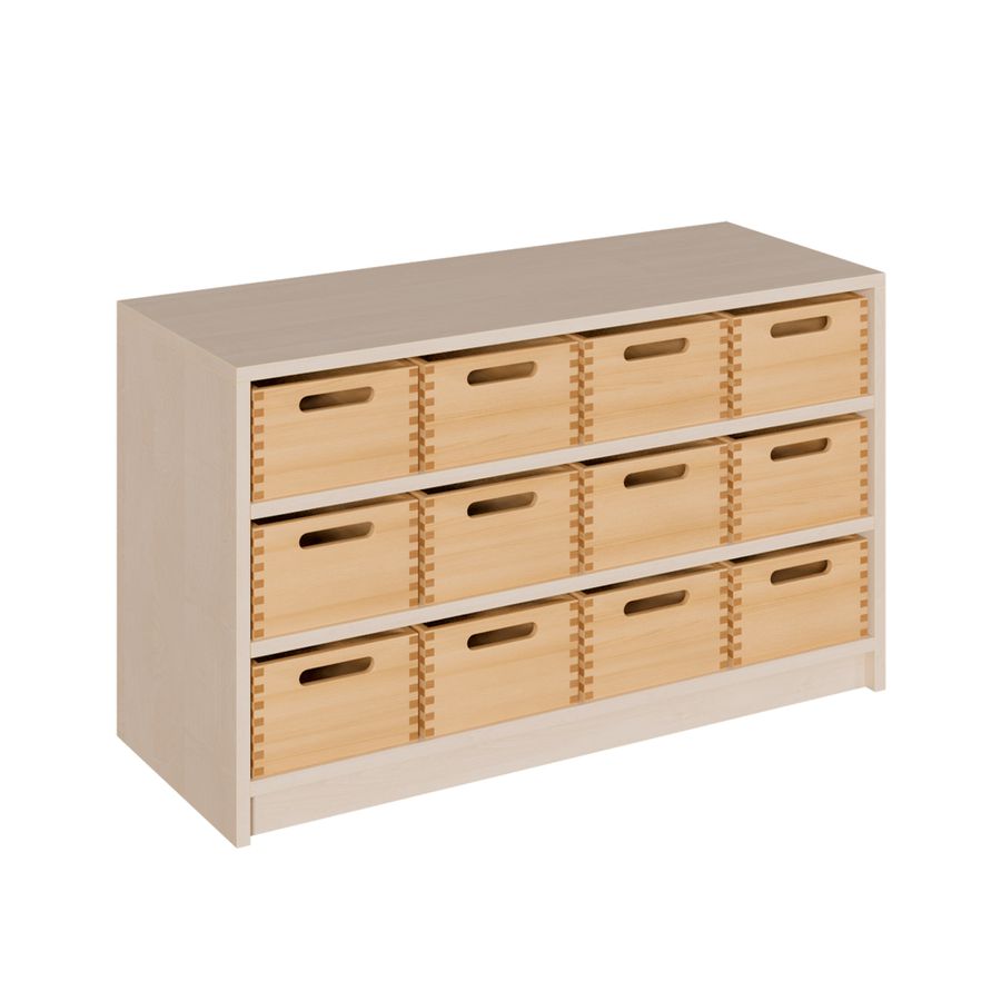 Schrank mit 12 hohen Massivholzkästen, B 102 x H 60 x T 40 cm