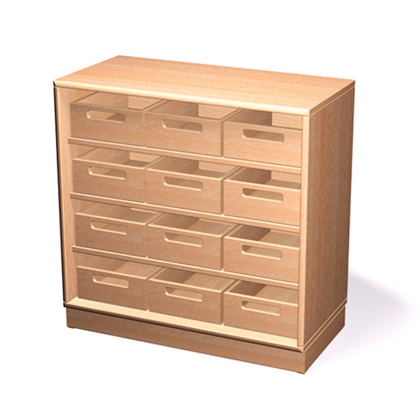 Schrank mit 12 Materialkästen, mit Sockel und 3 Einlegeböden, Massivholz Birke, B 60 x H 80 x T 40 cm