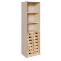 Schrank mit 14 flachen Massivholzkästen, oben Regal mit 2 Einlegeböden, B 52 x H 180 x T 40 cm