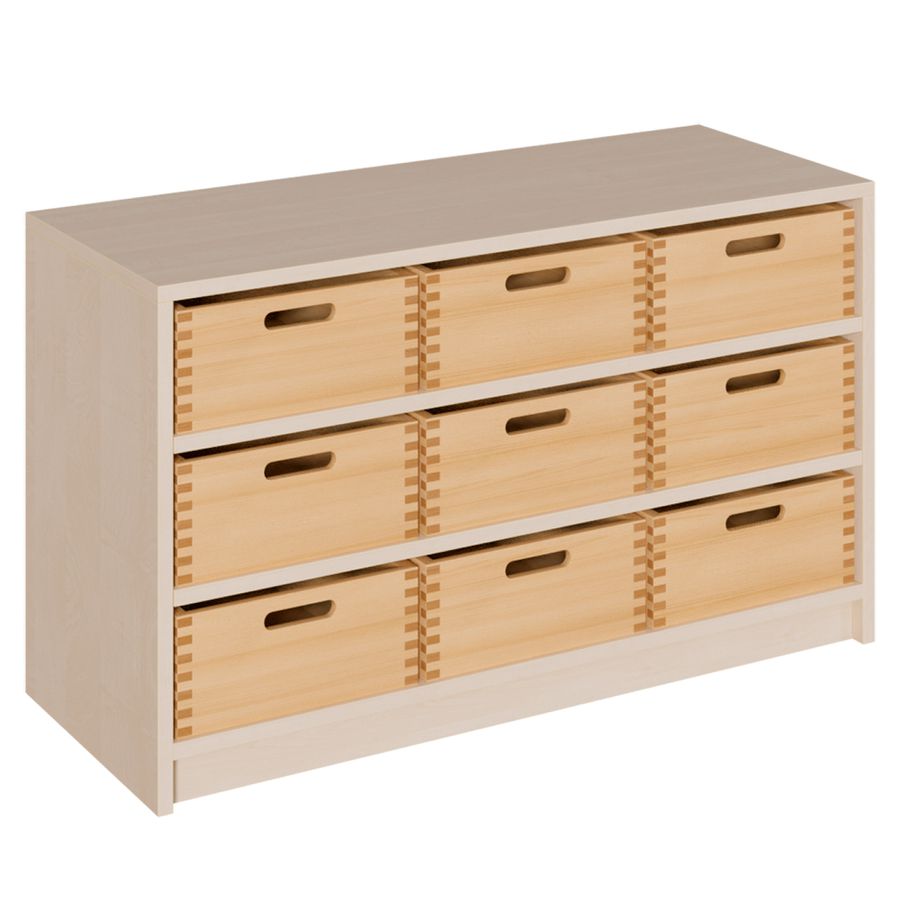 Schrank mit 9 hohen Massivholzkästen, B 102 x H 60 x T 40 cm