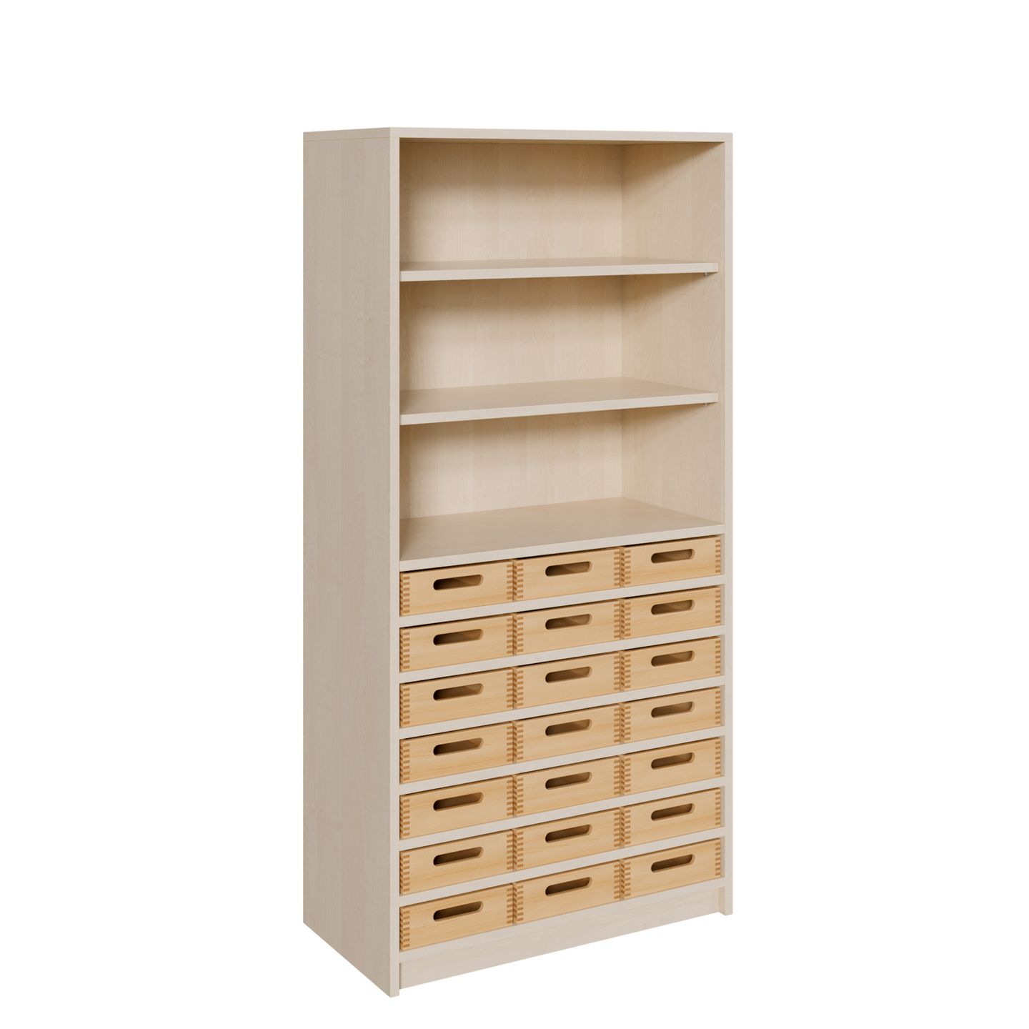 Schrank mit 21 flachen Massivholzkästen, oben Regal mit 2 Einlegeböden, B 78 x H 160 x T 40 cm