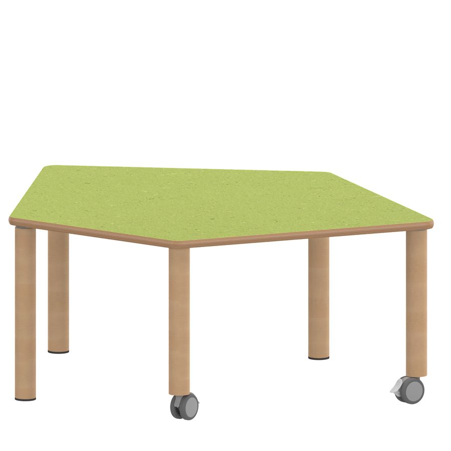 Fünfeck-Tisch Zalotti, B 121 x T 110 cm, mit Linoleumbelag, Holz-Rundbeine mit 2 Rollen + 3 Gleiter